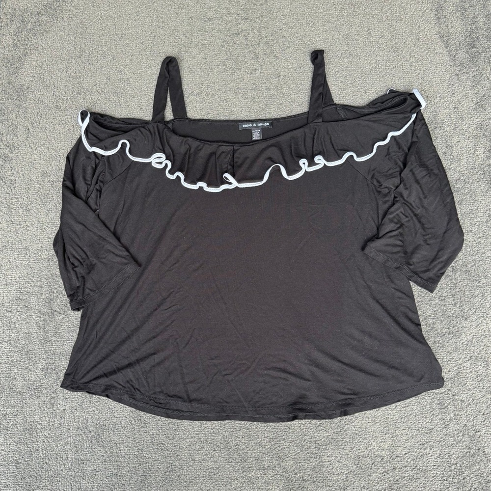 Cable & Gauge Womens XL Black Cold Shoulder Ruffle Trim 3/4 Sleeve Knit Top